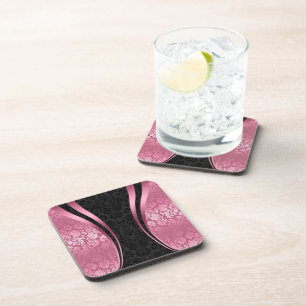 Black & Roze Floral Damask Patroon Bier Onderzetter