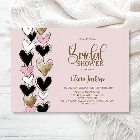 Black Roze Gouden Hartjes Bruidsfeest Kaart