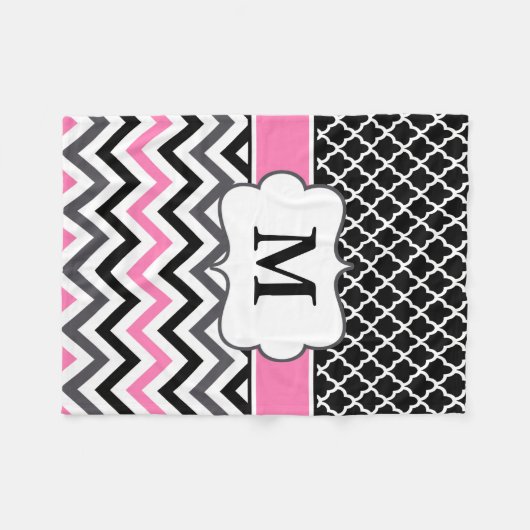 Black roze Quatrefoil Chevron Monogram Blanket Fleece Deken (Voorkant (Horizontaal))