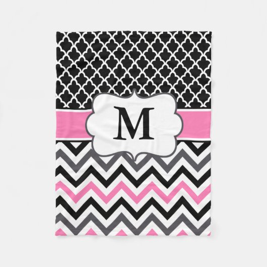 Black roze Quatrefoil Chevron Monogram Blanket Fleece Deken (Voorkant)