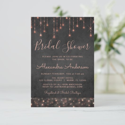 Black Roze Rose Gold String Lights Vrijgezellenfee Kaart (Staand voorkant)
