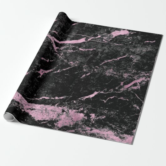 Black Roze Rose Grungy Abstracte marmer Stone Glam Cadeaupapier (Uitgerold)
