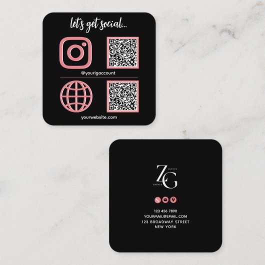 Black | Roze social media teken met QR code schatt Vierkante Visitekaartje (Voorkant / Achterkant)