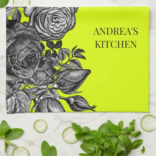 Black Rozen Electric Lime Green Uw bericht Theedoek (Gevouwen)