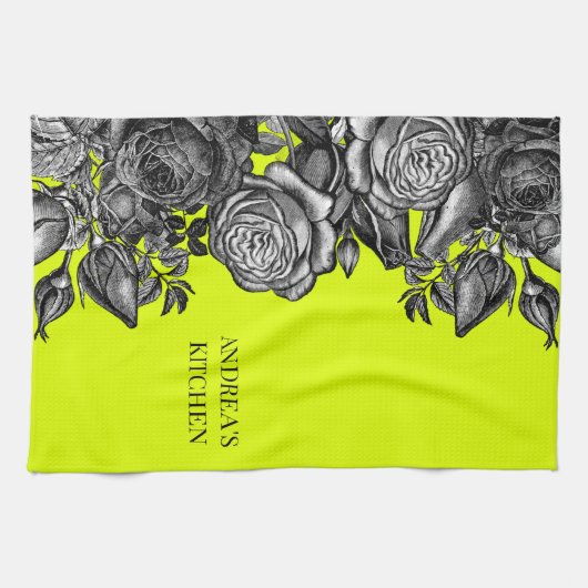Black Rozen Electric Lime Green Uw bericht Theedoek (Horizontaal)