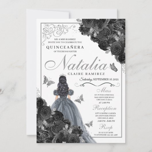 Black Rozen Silver Butterfly Princess Quinceañera Kaart (Voorkant)