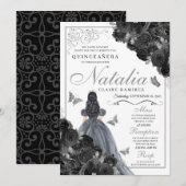 Black Rozen Silver Butterfly Princess Quinceañera Kaart (Voorkant / Achterkant)