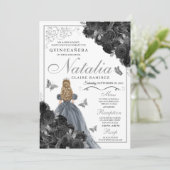 Black Rozen Silver Butterfly Princess Quinceañera Kaart (Staand voorkant)