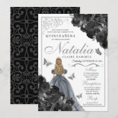 Black Rozen Silver Butterfly Princess Quinceañera Kaart (Voorkant / Achterkant)
