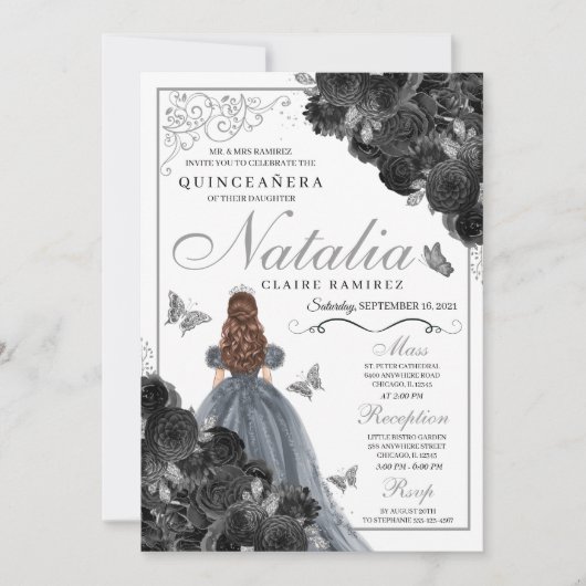 Black Rozen Silver Butterfly Princess Quinceañera Kaart (Voorkant)