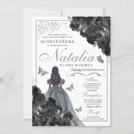 Black Rozen Silver Butterfly Princess Quinceañera Kaart