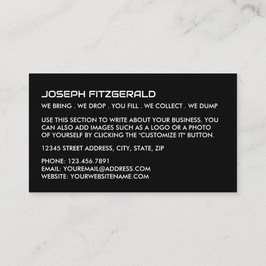 Black Rubbish Skip, Skip/Dumpster Company Visitekaartje (Achterkant)