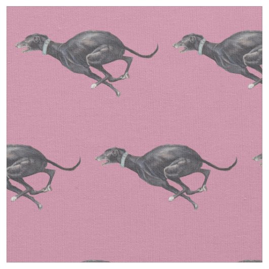Black Running Greyhound Dog Art Fabric Stof (Close Up)