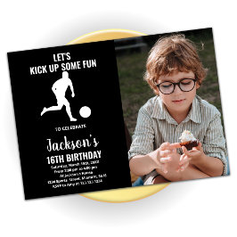 Black Running Soccer Birthday Invitations w foto Kaart