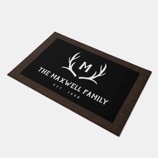 Black Rustic Antler Monogram Faux Burlap Border Deurmat (Schuin)