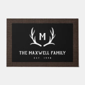 Black Rustic Antler Monogram Faux Burlap Border Deurmat (Voorkant)