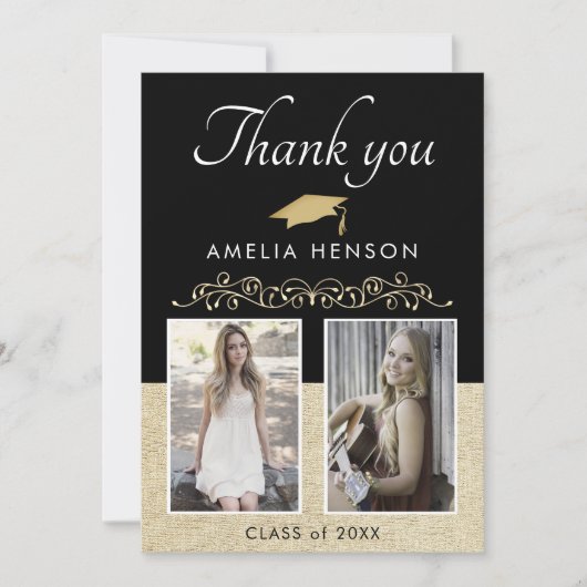 Black Rustic Elegant Ornament 2 Foto Afstuderen Bedankkaart (Voorkant)