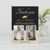 Black Rustic Elegant Ornament 2 Foto Afstuderen Bedankkaart (Staand voorkant)