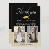 Black Rustic Elegant Ornament 2 Foto Afstuderen Bedankkaart (Voorkant / Achterkant)