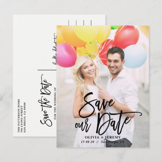 Black Rustic Hand met foto's opslaan onze datum Aankondigingskaart (Voorkant / Achterkant)