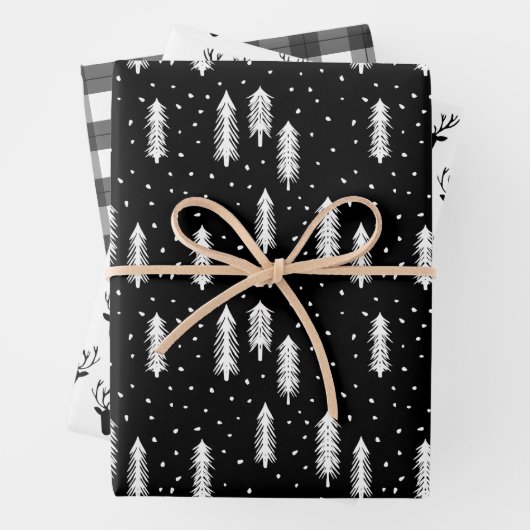Black Rustic Holiday Pattern Bossen Trees geplakt Inpakpapier Vel (In situ)