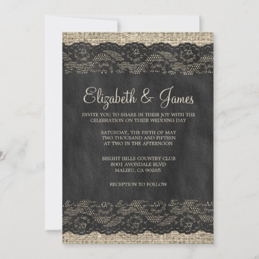 Black Rustic Lace Wedding Invitations Kaart (Voorkant)