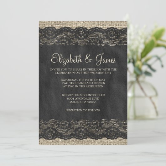 Black Rustic Lace Wedding Invitations Kaart (Staand voorkant)