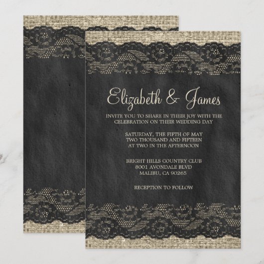 Black Rustic Lace Wedding Invitations Kaart (Voorkant / Achterkant)