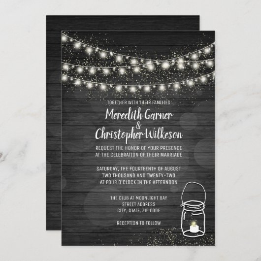 Black Rustic Mason Jar Lights Wedding Kaart (Voorkant / Achterkant)