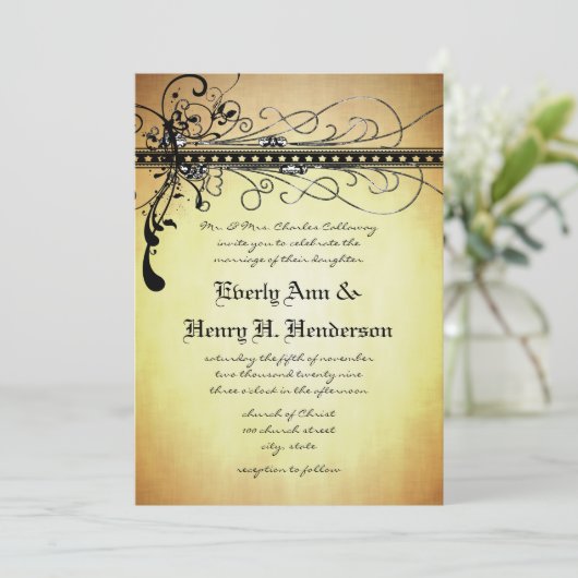 Black Rustic Medieval Swirls Wedding Invitation Kaart (Staand voorkant)