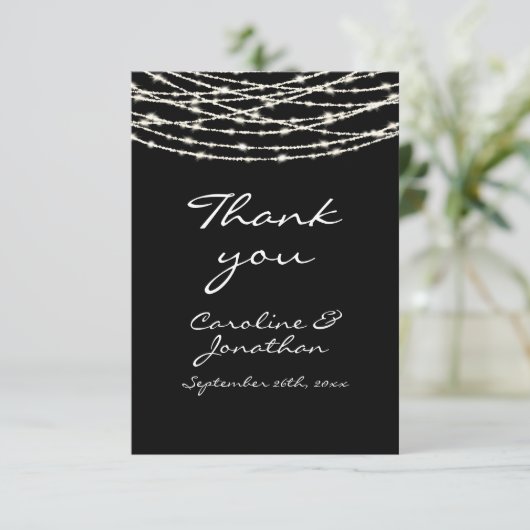 Black Rustic String Lights Wedding Bedankkaart (Staand voorkant)