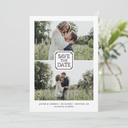 Black Rustic Two-foto's opslaan van de datum aanko Kaart (Staand voorkant)