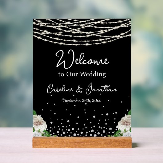 Black Rustic White Roses String Lights Welkom Acryl Bord (Neutraal)