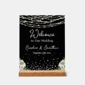 Black Rustic White Roses String Lights Welkom Acryl Bord (Voorkant)
