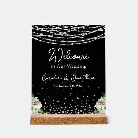 Black Rustic White Roses String Lights Welkom Acryl Bord (Voorkant)