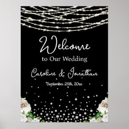 Black Rustic White Roses String Lights Welkom Poster