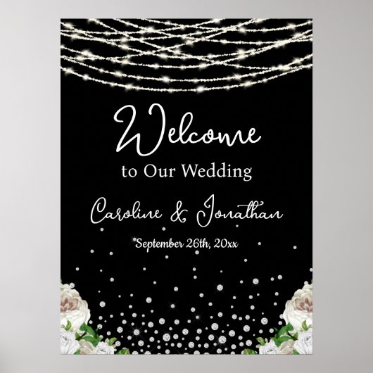 Black Rustic White Roses String Lights Welkom Poster (Voorkant)