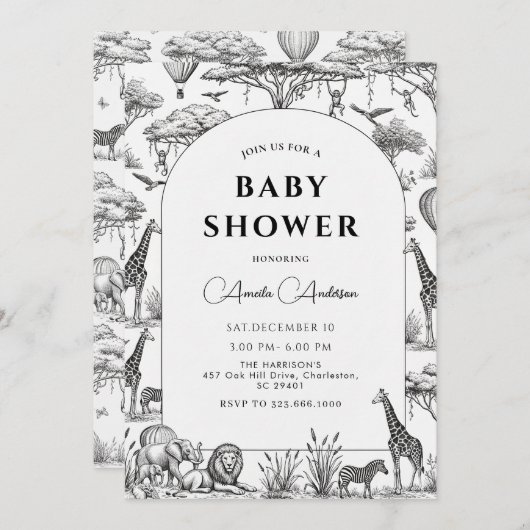 black  Safari Toile De Jouy Boy Baby Shower  Kaart (Voorkant / Achterkant)