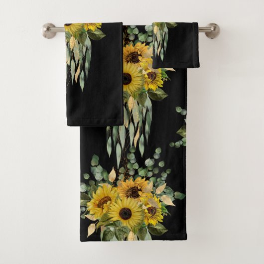 BLACK SAGE GREEN SUNFLOWER BATHROOM TOWEL SET BAD HANDDOEK (Insitu)