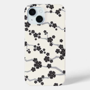 Black Sakura Cherry Blossom Flowers Oriental Zen iPhone 15 Case