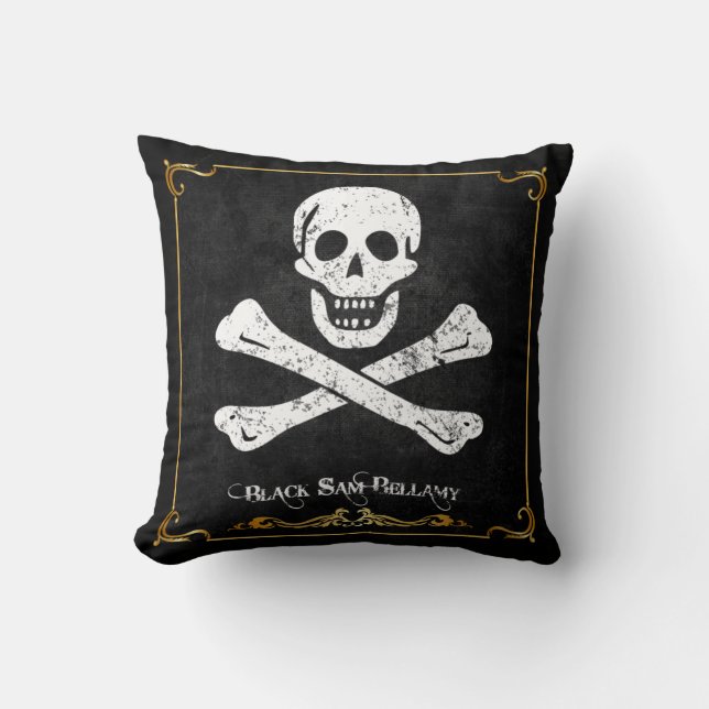 Black Sam Bellamy Skull & Botten Pirate Flag Pillo Kussen (Voorkant)