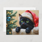 Black Santa Cat and Christmas Tree Feestdagenkaart (Voorkant / Achterkant)