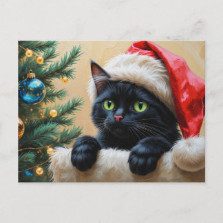 Black Santa Cat and Christmas Tree  Feestdagenkaart