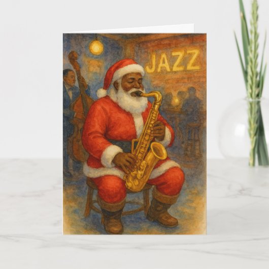 Black Santa Jazz Saxophone Christmas Card Kaart (Voorkant)