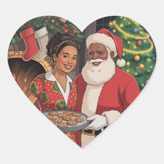 Black Santa & Mrs. Claus Christmas Card  Hart Sticker (Voorkant)