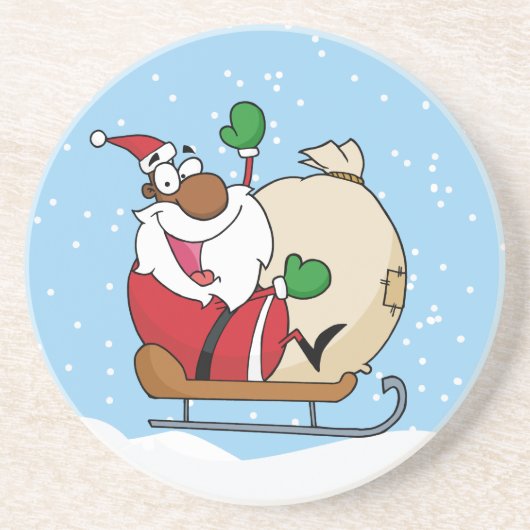 Black Santa Riding Sled Zandsteen Onderzetter (Voorkant)