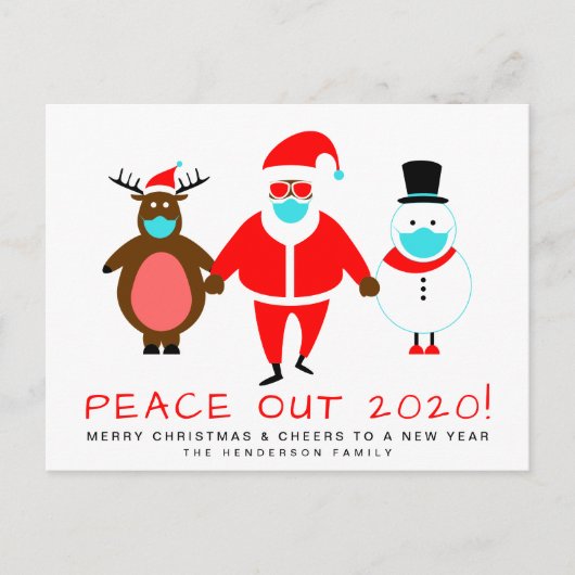 Black Santa Snowman Reindeer Mask Peace Out 2020 Feestdagenkaart (Voorkant)