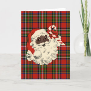 Black Santa with Candy Cane Plaid Feestdagen Kaart