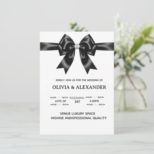 Black Satin Bow Wedding Invitation | Elegant Ribbo Kaart (Staand voorkant)