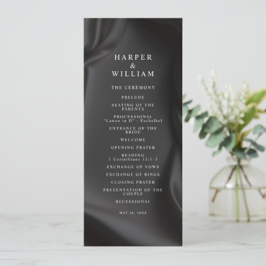 black Satin Elegance Wedding Program Kaart (Staand voorkant)